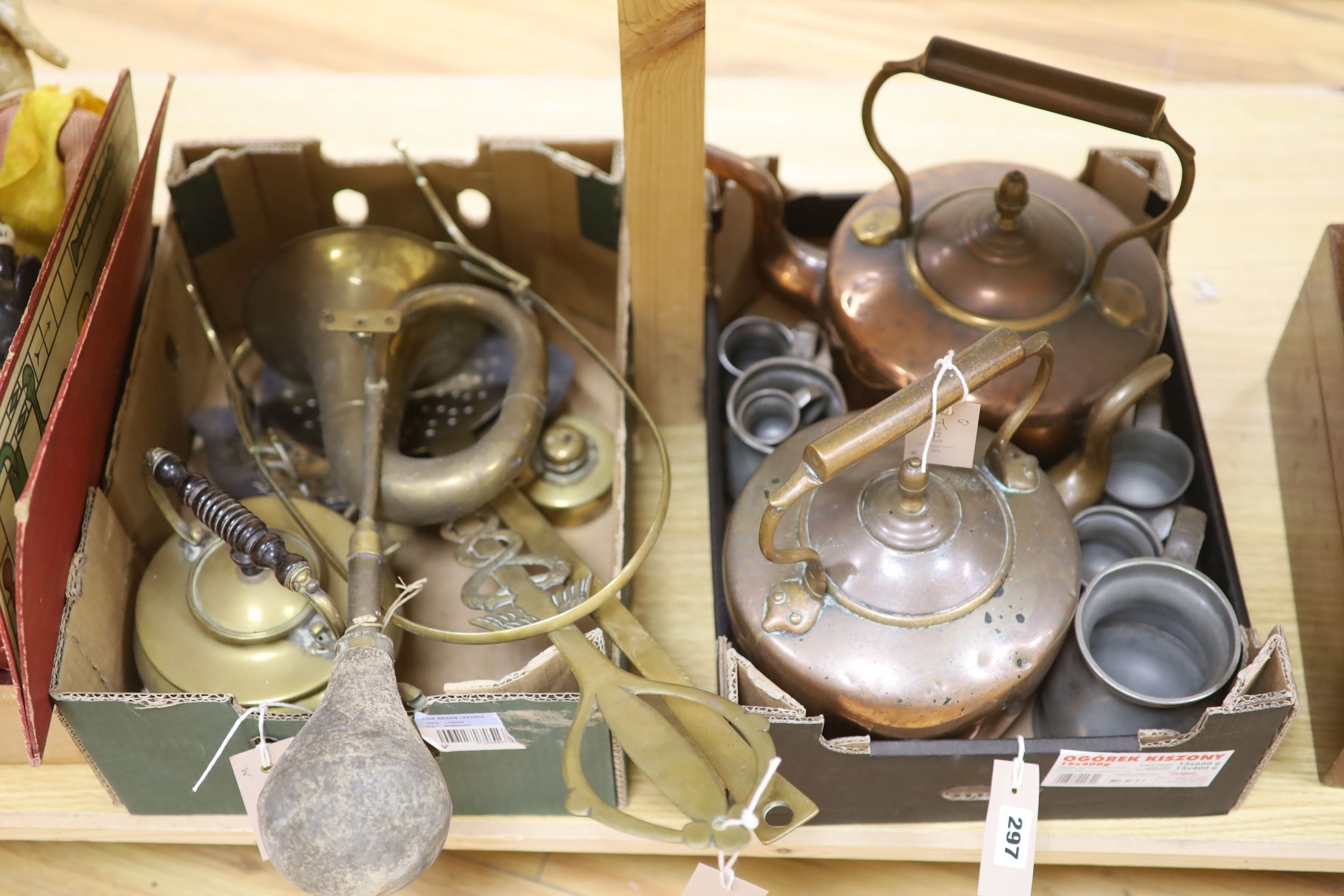 Miscellaneous metalware, including two Eastern copper kettles, pewter measures, chestnut roaster etc.